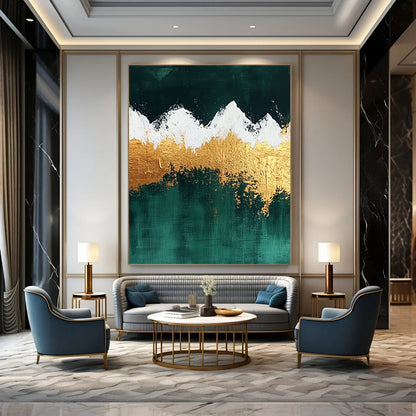 Contemporary hand-painted abstract art featuring gold and emerald green mountains with white snow enhanced by gold foil and textured surfaces. DLZ1321