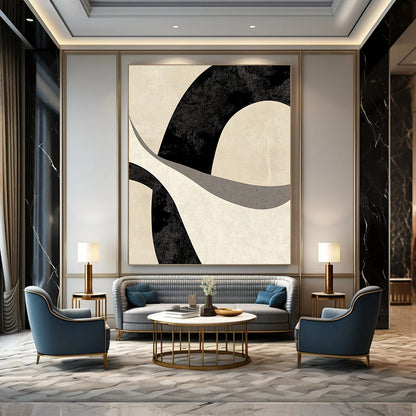 Contemporary abstract art featuring a fluid black and white "F" design on a beige background, evoking movement and a dreamy atmosphere. DLZ1221