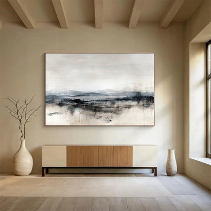 “Monochrome Misty Landscape” - Gray, Black, White, Abstract Landscape Painting On Canvas HB1109