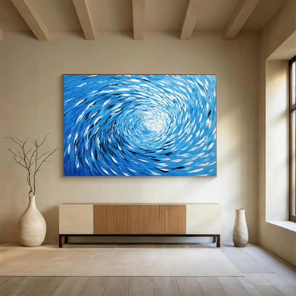 “Blue Fish Spiral” - Blue, White, Fish Spiral Oil Painting On Canvas HB0724