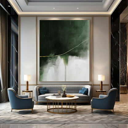 Contemporary abstract painting featuring a striking yellow line on a textured white and green background enhancing depth and visual impact. DLZ0847