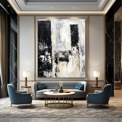Contemporary hand-painted abstract artwork depicting urban ruins in black and white with neutral tones using vintage oil paint. DLZ0665