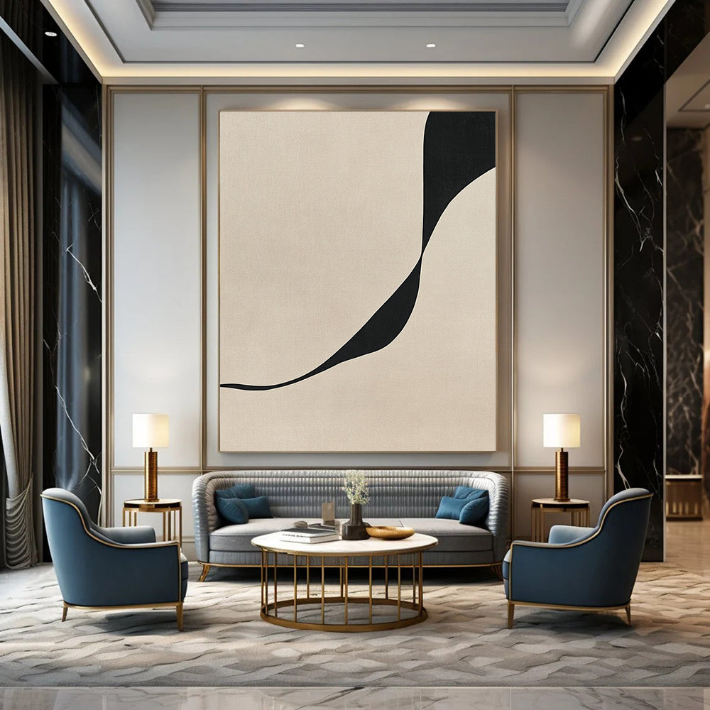 Contemporary abstract art featuring a minimalist design with a curved line on a textured beige and black canvas for a refined aesthetic. DLZ1131