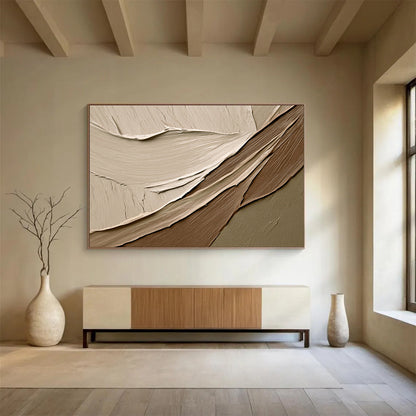 “Neutral Textured Waves” - Beige, Brown, Gray, Smooth Plaster - like Layers - Mixed Media HB1633