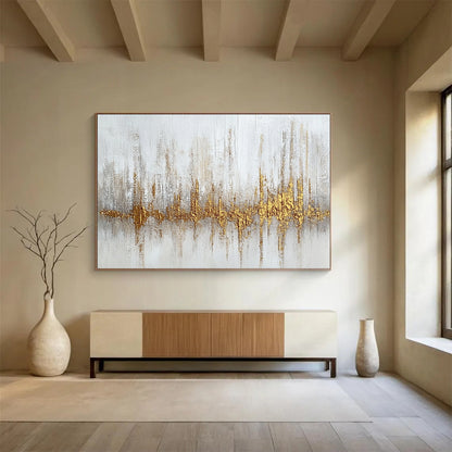 “Gilded Soundwave” - White, gold, gray; Textured gold soundwave on white; Mixed Media Painting On Canvas HB1207