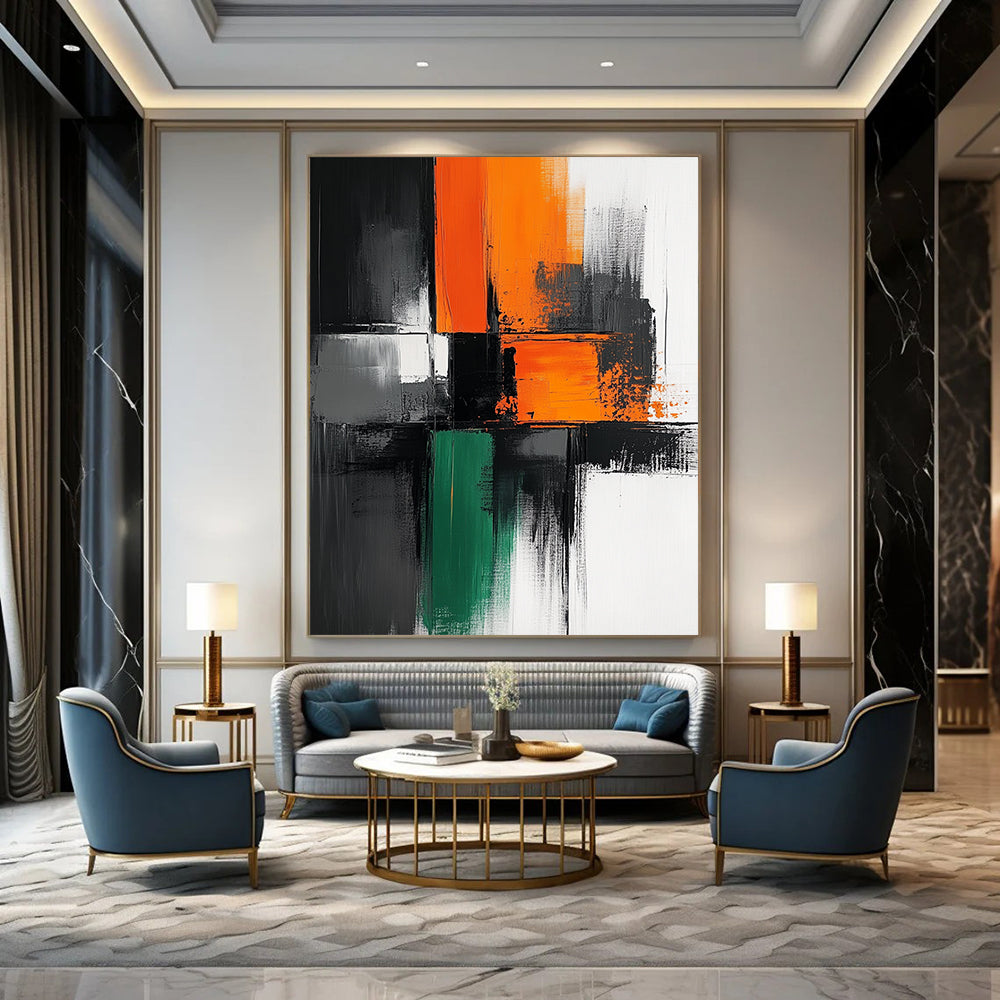 Contemporary hand-painted abstract artwork features bold black lines on a pristine white background with vibrant blocks of orange gray and green colors. DLZ1651