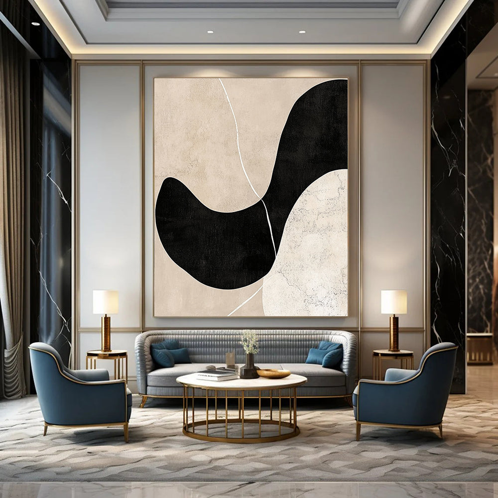Contemporary abstract artwork featuring beige and black tones minimalist design hand-drawn lines soft edges balanced composition with depth and white line accents. DLZ0790