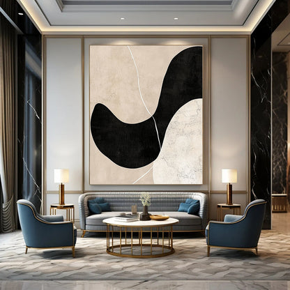 Contemporary abstract artwork featuring beige and black tones minimalist design hand-drawn lines soft edges balanced composition with depth and white line accents. DLZ0790
