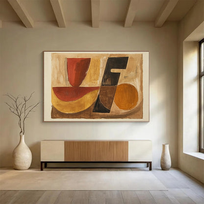 “Geometric Shapes in Earth Tones” - Red, black, yellow, brown, Abstract Geometric Painting HB0631