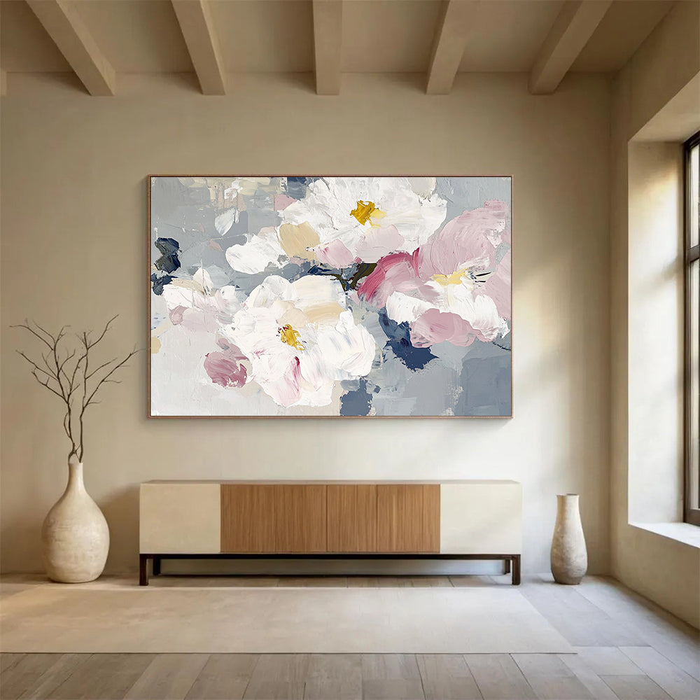“Soft - Hued Floral Impasto” - Ethereal Abstract Painting On Canvas HB0522
