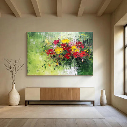 Impasto Flower Bouquet on Green - Textured Still - Life Painting On Canvas HB0475