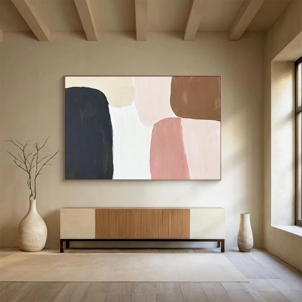 “Soft Geometric Shapes” - Black, Beige, Pink, Brown - Minimalist Geometric Forms - Acrylic Painting HB1311