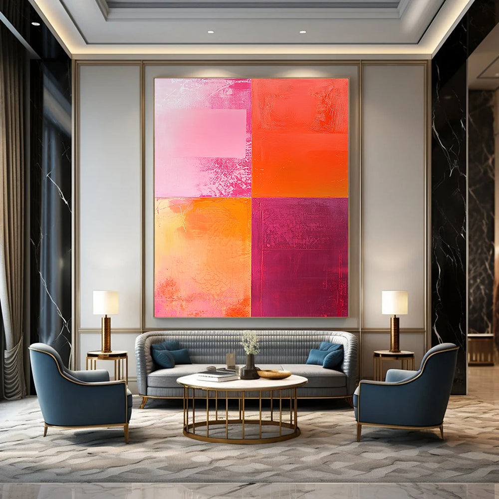 Contemporary hand-painted abstract artwork featuring textured shades of pink and orange with a striking central light red square and dynamic color interplay. DLZ1265