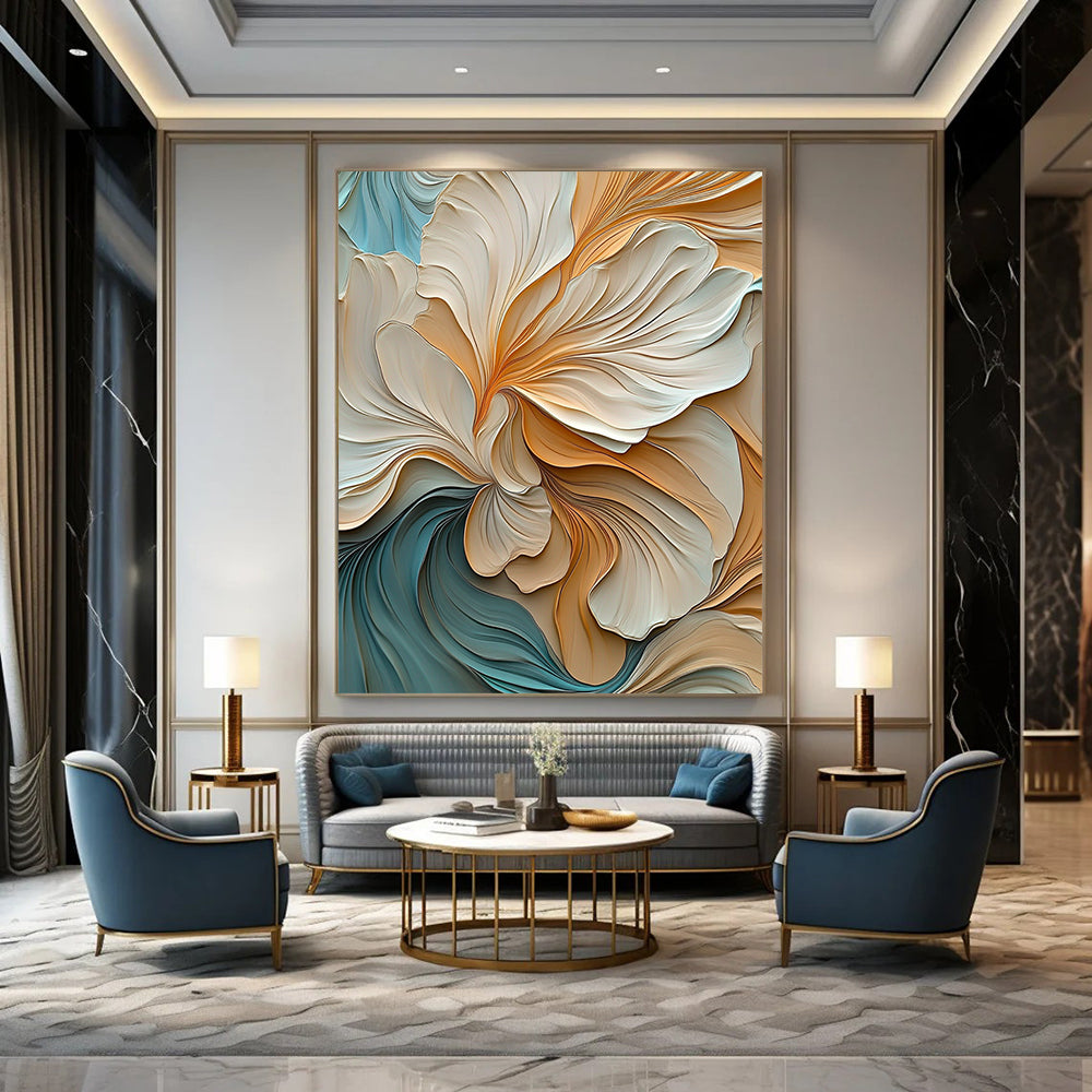 Contemporary abstract artwork featuring elegant warm colors with detailed leaves soft edges and flowing lines in ultra-high definition. DLZ0385