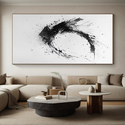 Black and White Splattered Crescent "Energetic Fragment" Painting On Canvas HB267