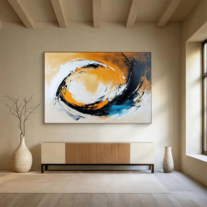 “Dynamic Swirl in Orange, Black, White, and Blue” - Orange, black, white, blue; Abstract swirling brushstrokes; Acrylic Painting On Canvas HB1232