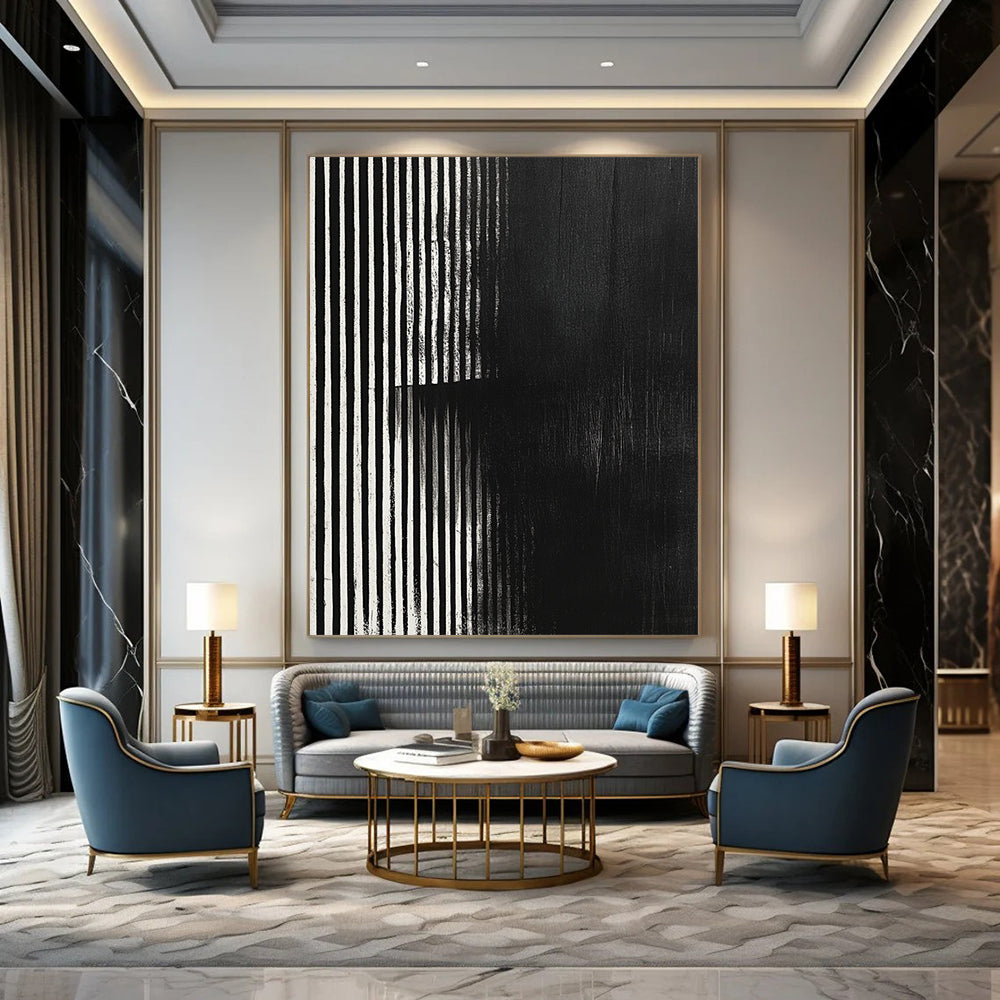 Contemporary hand-painted abstract art featuring black and white stripes with a grainy texture and focus stacking effect on a dark background. DLZ1489