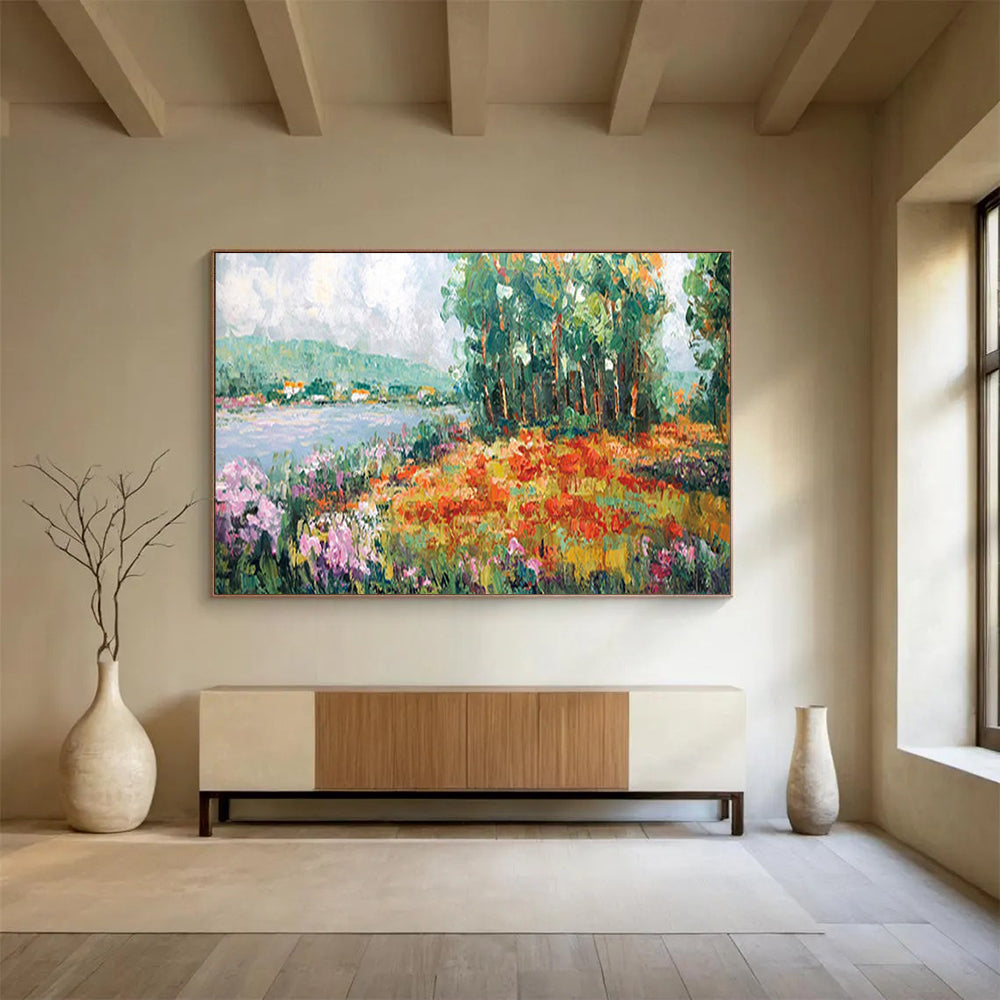 Lakeside Flower Field - Cheerful Living Room or Bedroom Art DLZ228
