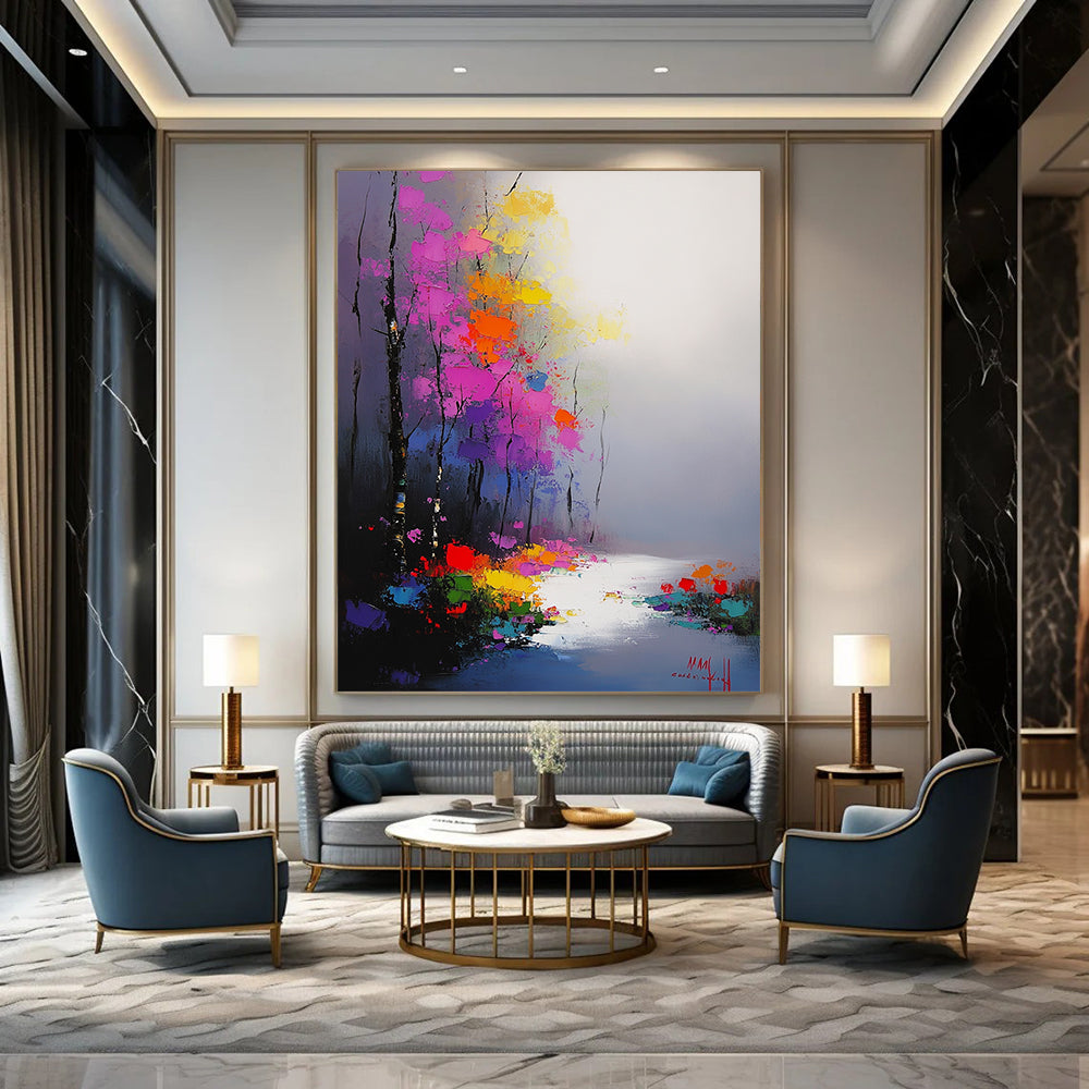 Contemporary hand-painted abstract artwork featuring vibrant flowers and trees in morning mist with smooth brushwork and atmospheric perspective. DLZ1413