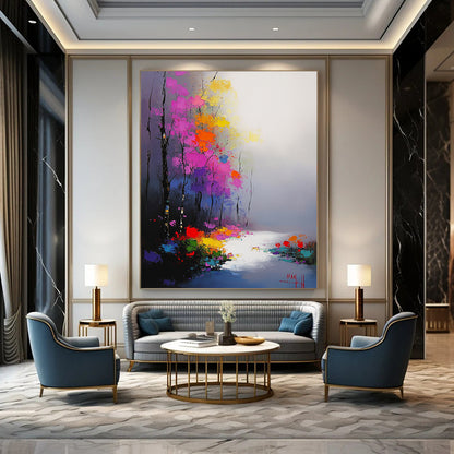 Contemporary hand-painted abstract artwork featuring vibrant flowers and trees in morning mist with smooth brushwork and atmospheric perspective. DLZ1413