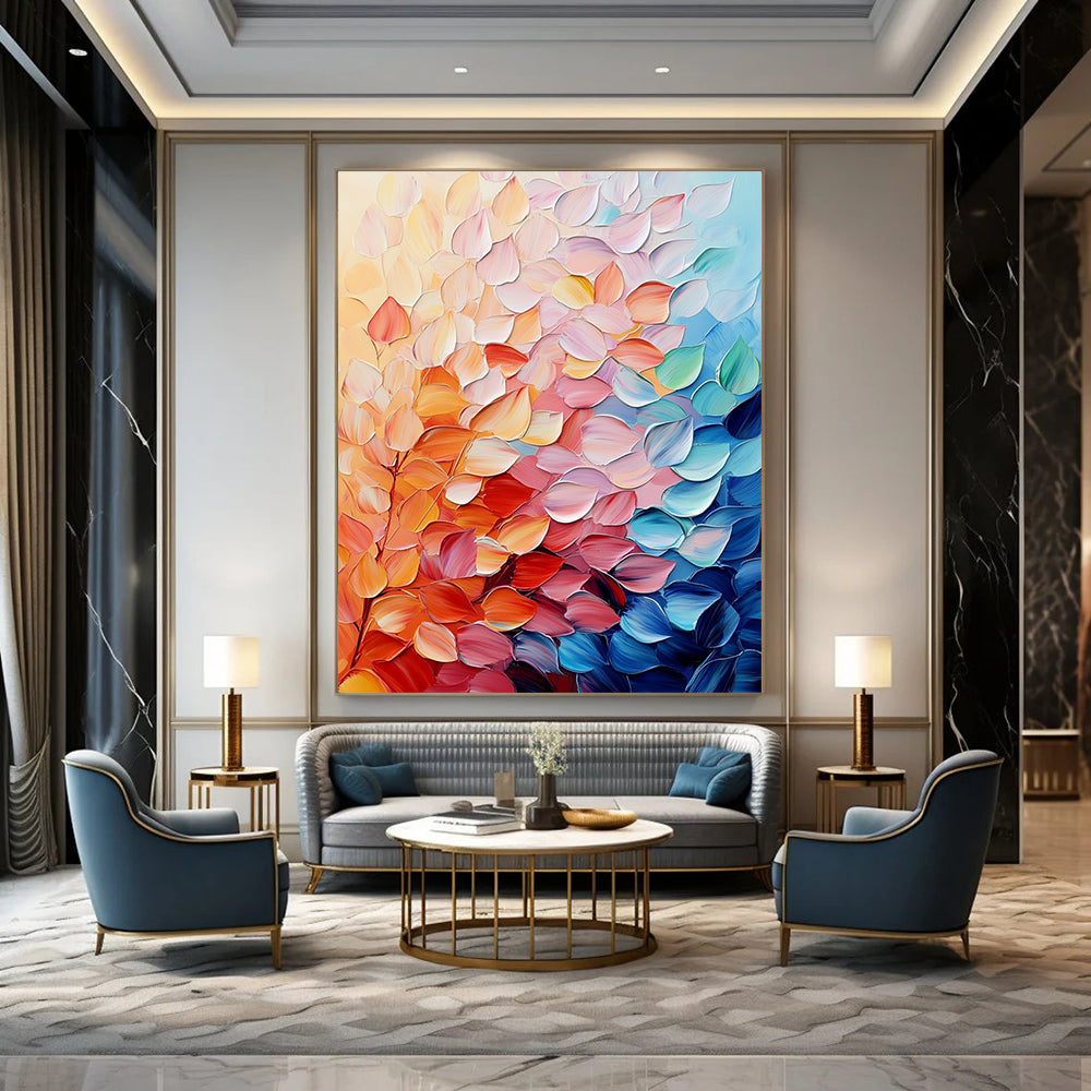 Contemporary abstract painting featuring colorful leaves in soft hues with vibrant palette knife texture for a puffy shiny effect on canvas. DLZ0616