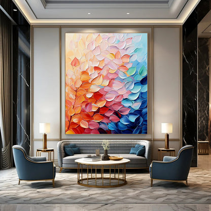 Contemporary abstract painting featuring colorful leaves in soft hues with vibrant palette knife texture for a puffy shiny effect on canvas. DLZ0616