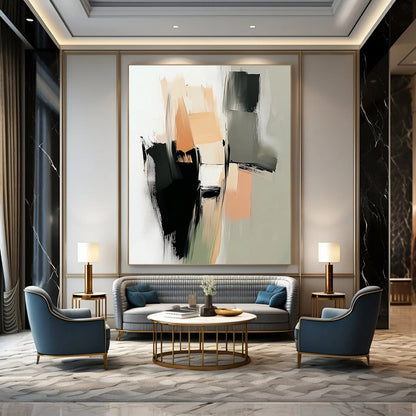 Contemporary hand-painted abstract art featuring thick brushstrokes in neutral tones of beige and black with geometric shapes and soft edges. DLZ0430