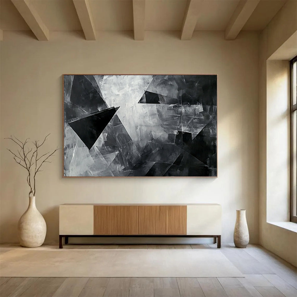 “Black - White Geometric Shapes” - Black, White with Angular Forms - Abstract Acrylic HB1359