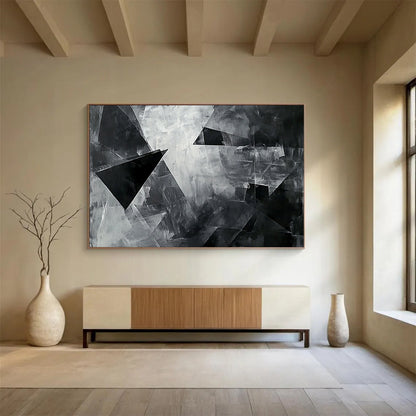 “Black - White Geometric Shapes” - Black, White with Angular Forms - Abstract Acrylic HB1359