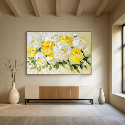 “Yellow - White Peony Bouquet” - Yellow, White, Green, Thick - textured Peony Bouquet - Impasto Oil Painting HB1778