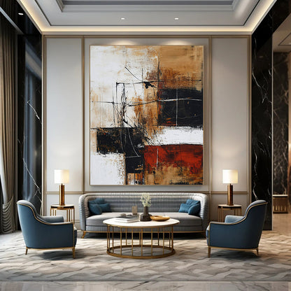 Contemporary hand-painted abstract artwork features brown and black tones on white, creating depth with interlaced shapes and loose strokes. DLZ0734