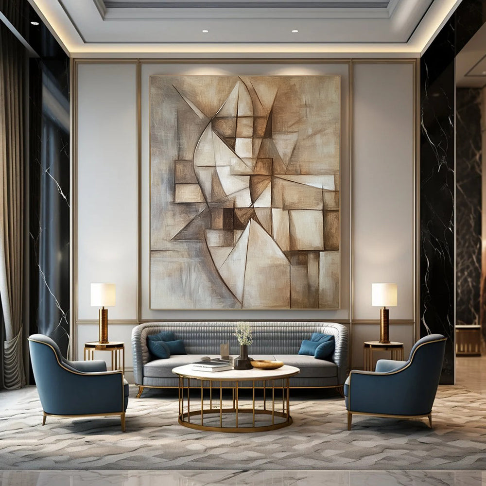 Contemporary hand-painted abstract artwork featuring geometric designs in neutral tones capturing harmony between simplicity and complexity with a focus on depth and perspective. DLZ1093