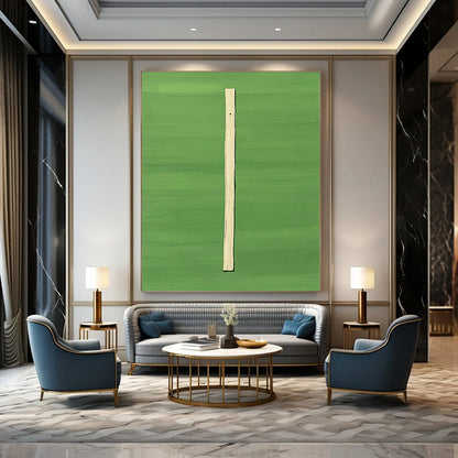 Contemporary abstract artwork featuring a vertical wooden stick against a vibrant green background in a style reminiscent of David Hockney. DLZ1301