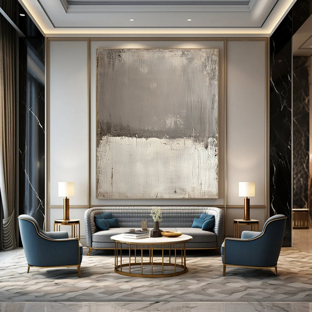 Contemporary hand-painted abstract canvas featuring textured gray tones with sepia edges and a bold white section for striking contrast and depth. DLZ1172