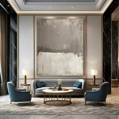 Contemporary hand-painted abstract canvas featuring textured gray tones with sepia edges and a bold white section for striking contrast and depth. DLZ1172