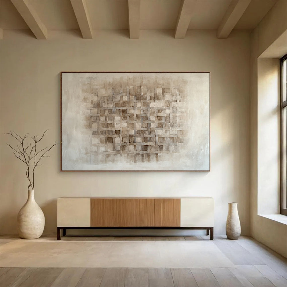Beige Woven Grid Pattern - “Textured Tapestry” Painting On Canvas HB1446