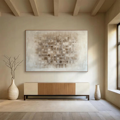 Beige Woven Grid Pattern - “Textured Tapestry” Painting On Canvas HB1446