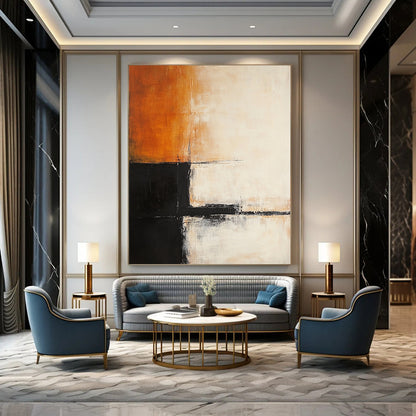 Contemporary abstract painting features soft orange, white, and black layers with architectural-like dark lines, creating depth in a minimalist style. DLZ1043