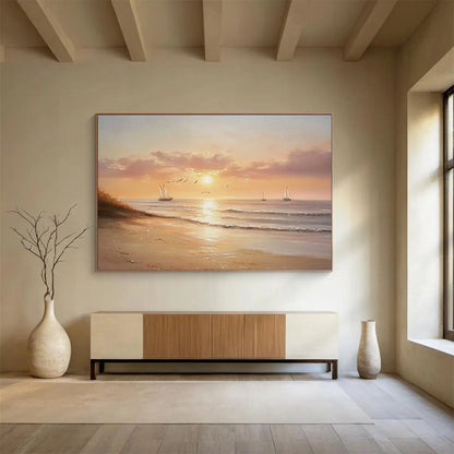 “Serene Sunset Beach” - Oranges, Pinks, Purples, Calm Beach with Sailboats - Realist Oil Painting HB1720