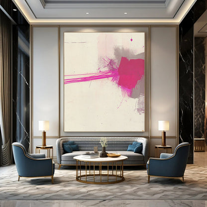 Contemporary hand-painted abstract art features minimalistic brushstrokes with pink and gray ink on textured white paper, highlighted by a thin magenta line. DLZ1519