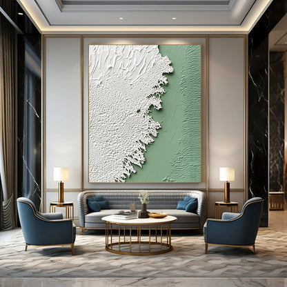 Contemporary abstract artwork featuring a soft sage green wall and delicate white textured paint resembling intricate lace, emphasizing rich color and texture. DLZ1214