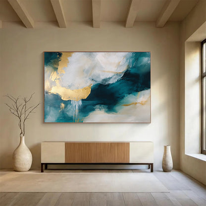 Teal, Gold, and White Fluid Dreams – Abstract Acrylic Flow Painting HB1467