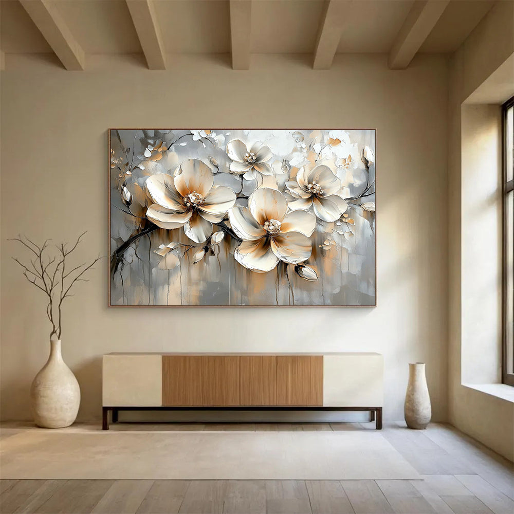 “Beige - Gray Floral Blooms” - Beige, Gray, White, Textured Floral Blooms - Impasto Oil Painting HB1783