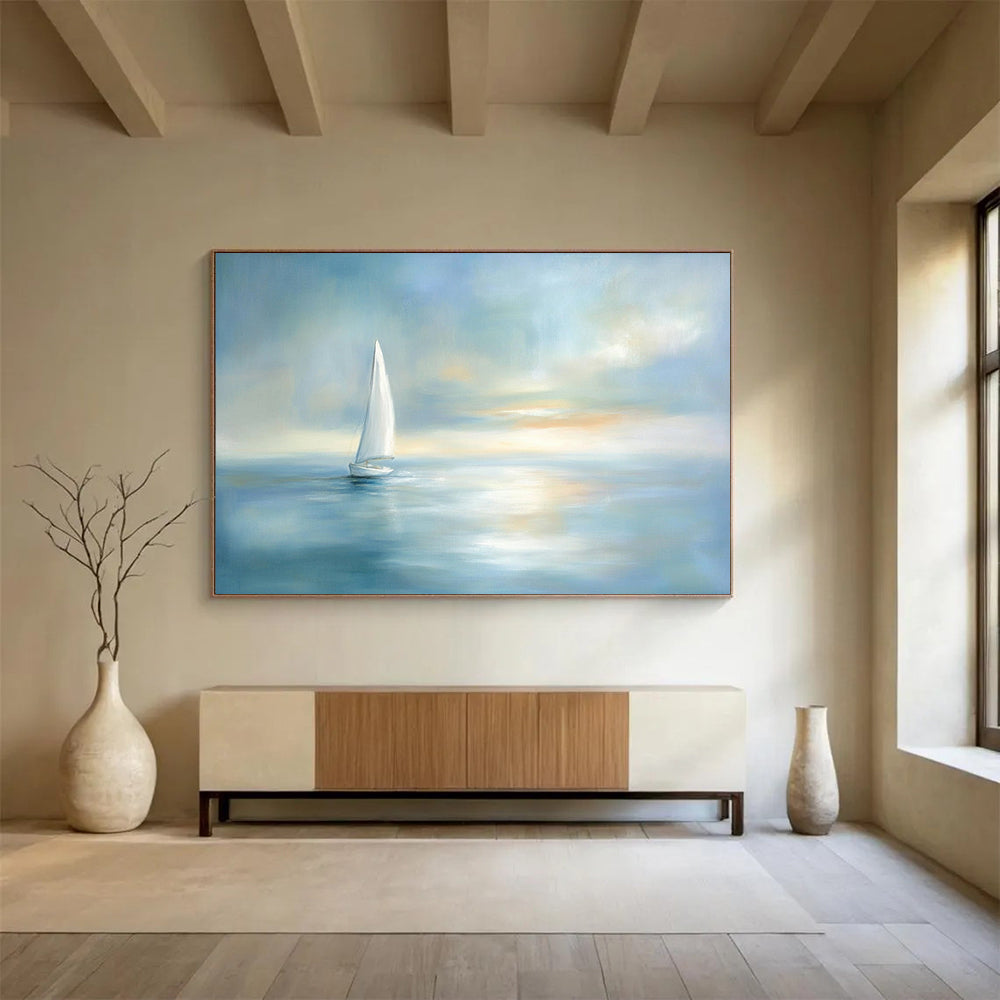 “Sailboat At Dusk” - Light Blue, White, Dreamy Sailboat Painting On Canvas HB0702