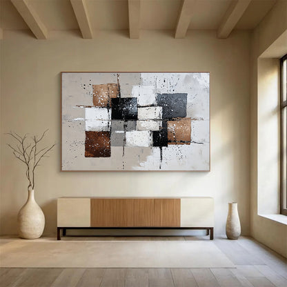 “Black White Brown Abstract Squares” - Black, White, Brown, Splattered Forms - Painting On Canvas HB1421