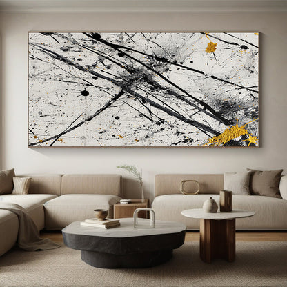 Black, White, Gray, Gold, Dynamic Drips "Starry Chaos" Abstract Pollock - Inspired Painting On Canvas HB064