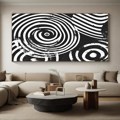 Black and White Concentric Circles "Perceptual Spin" Painting On Canvas HB284