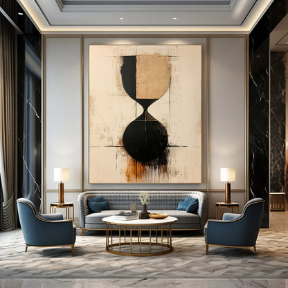 Contemporary abstract painting showcasing an hourglass in beige and black shapes with thin lines on a textured white background. DLZ1317
