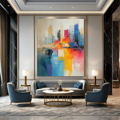 Contemporary hand-painted abstract art featuring a cityscape in muted beige and light blue tones with vibrant pinks yellows and expressive brushstrokes. DLZ0591