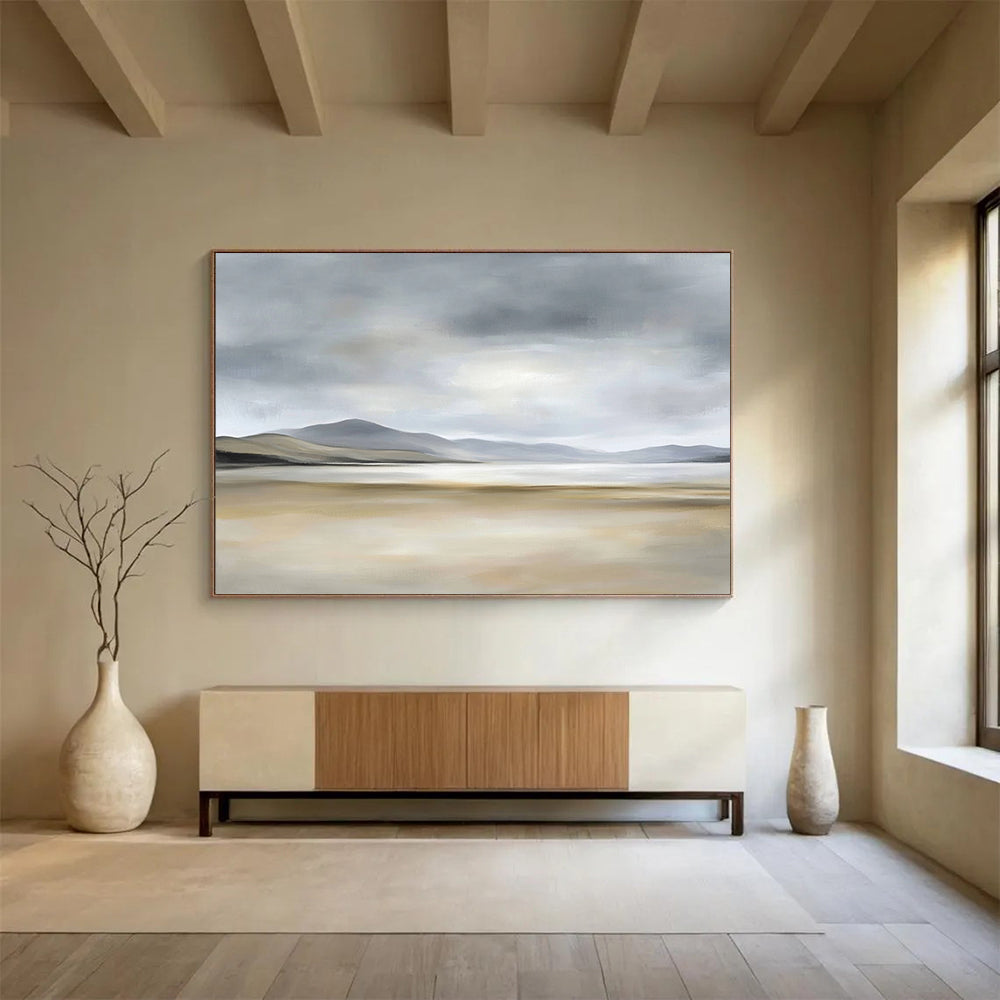“Misty Coastal Landscape” - Gray, Beige, Minimalist Coastal Painting On Canvas HB0699